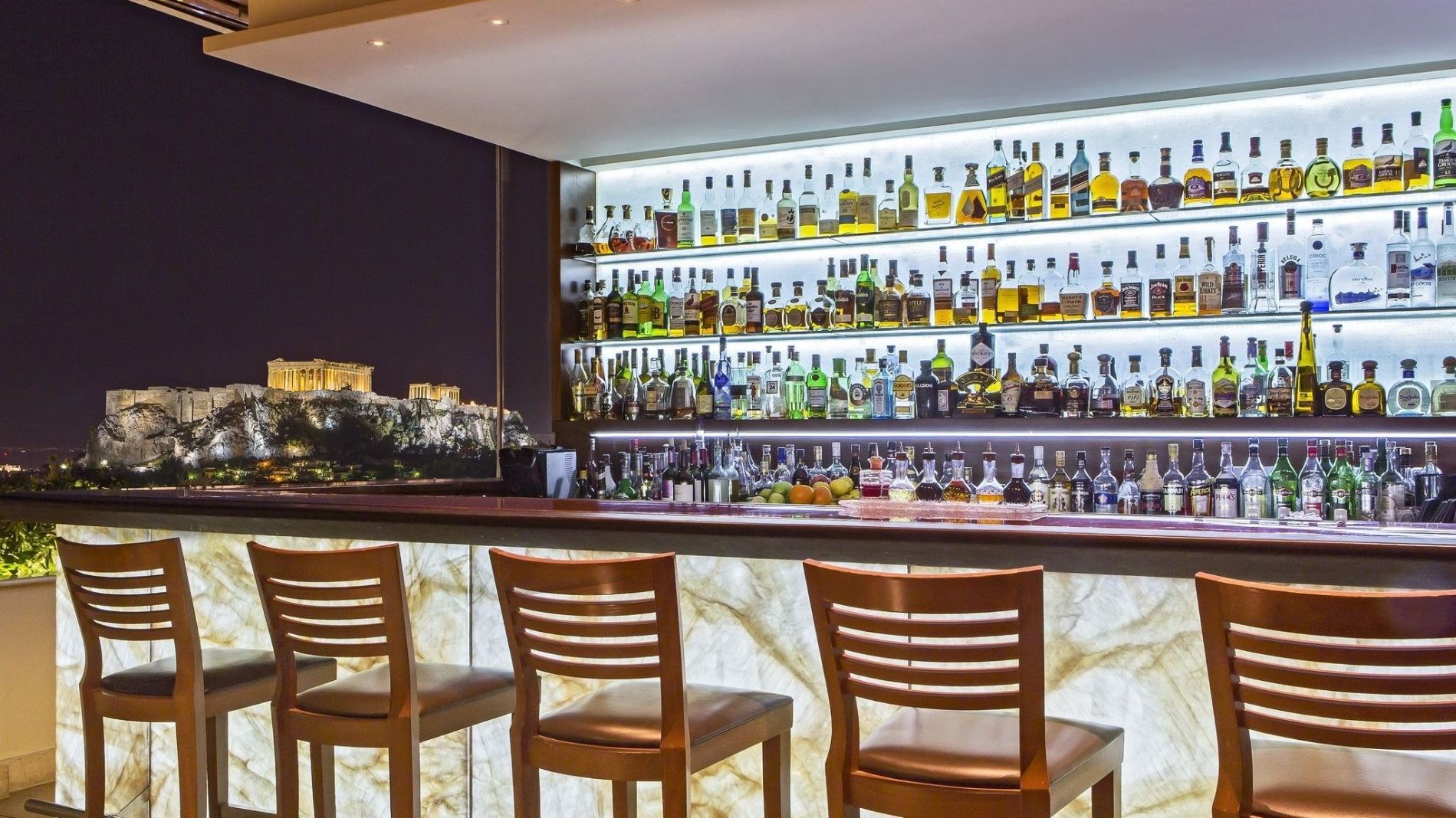 Acropolis view from the roof-top GB Roof Garden Bar at Hotel Grande Bretagne Athens